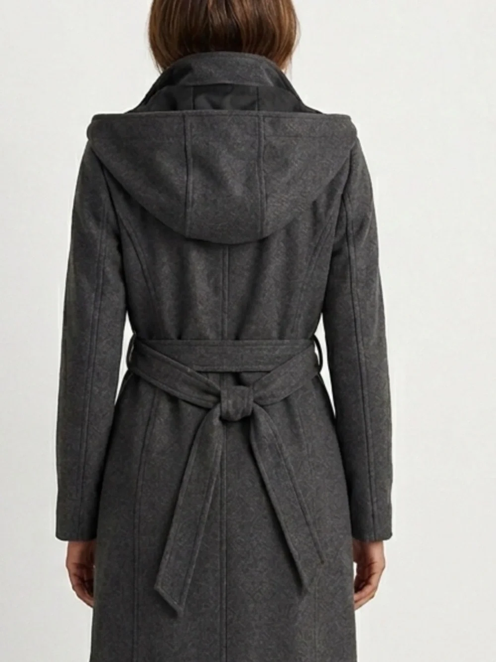 Womens Charcoal Hooded Belted Wool-Blend Coat - Picture 2 of 6